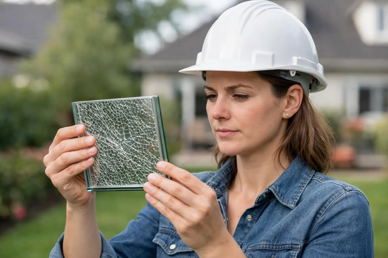 Femme examinant vitrage sécurité maison dans jardin, guide choix vitrage sécurité maison 2026